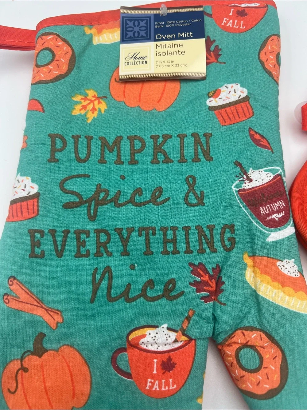 Home Collection Pumpkin Spice Oven Mitt and Pot Holders - Teal with Orange Trim